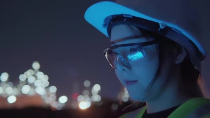 夜间在石油和天然气精炼厂内使用数字平板电脑在夜间工作的女工程师的录像