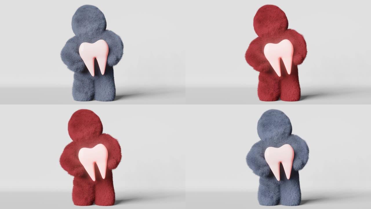 可爱的蓝色毛皮雪人持有白色健康和红色疼痛的臼齿3D动画循环。无牙脸蓬松的大脚怪。创意牙科诊所广告智齿