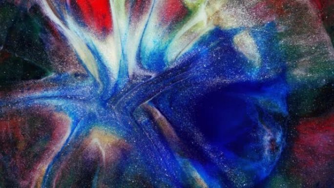 彩色抽象纹理的液体大理石，液体艺术。抽象蓝绿色红色黑色漩涡背景视频设计。