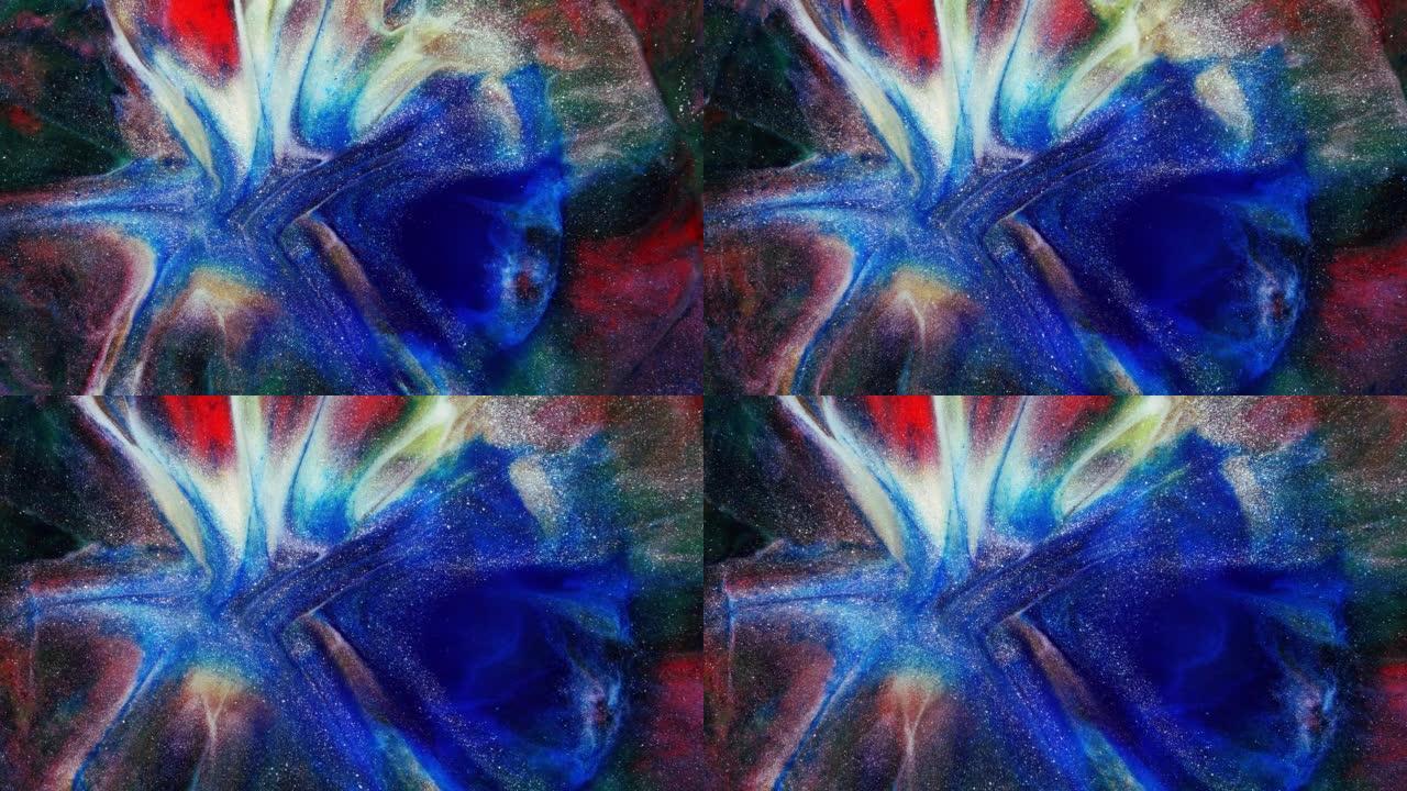 彩色抽象纹理的液体大理石，液体艺术。抽象蓝绿色红色黑色漩涡背景视频设计。
