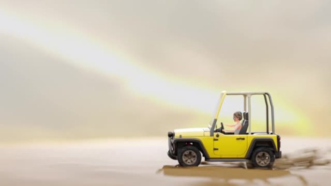 小女孩在沙漠里开着黄色的车，就像空旷的地方。太阳背景下的眩光。卡通动画无缝循环。