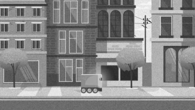 自动送货机器人骑在街上。具有颗粒效果的2D黑白动画。智能传感未来技术。