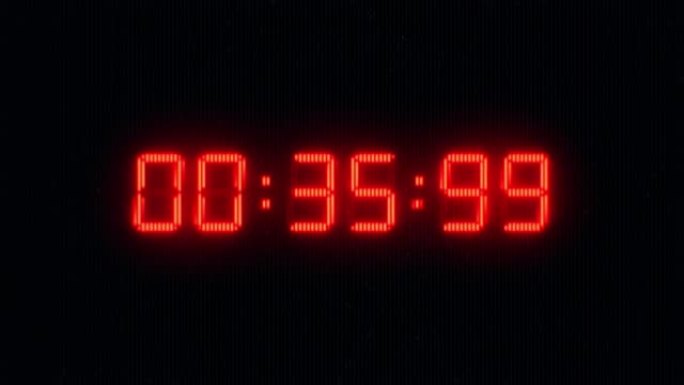 黑色背景上一分钟的红色发光液晶数字时钟定时器。60秒发光二极管闪烁数字秒表。液晶显示器或CRT显示器