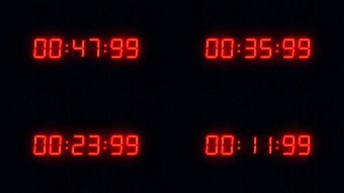 黑色背景上一分钟的红色发光液晶数字时钟定时器。60秒发光二极管闪烁数字秒表。液晶显示器或CRT显示器