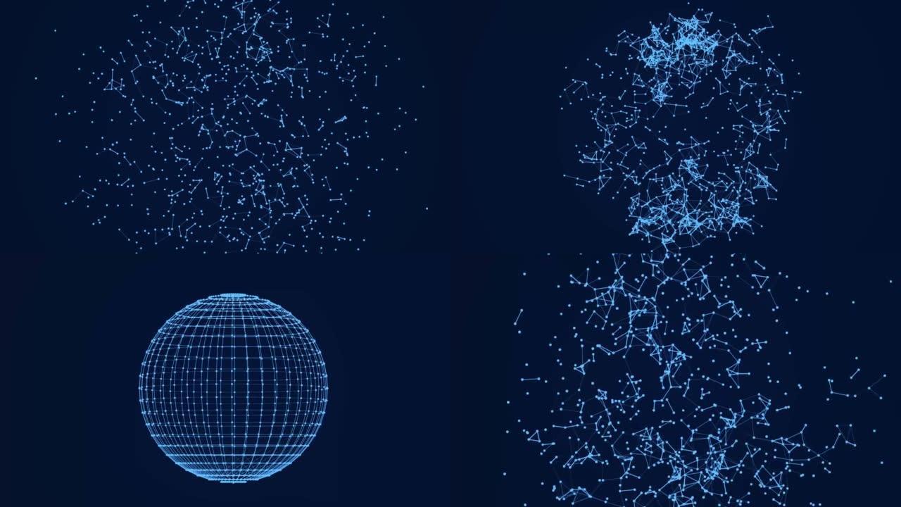 抽象3d球体。用点和线运动啮合。网络、互联网通信的概念。3d渲染。无缝循环。4K