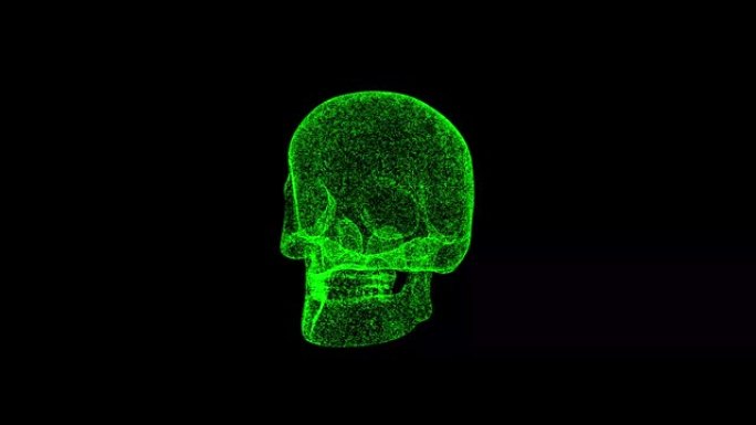 3D人类头骨在黑色背景上旋转。物体溶解绿色闪烁粒子60 FPS。科学概念。标题、演示文稿的抽象bg。