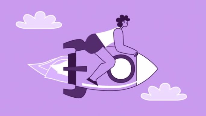 紫色风格的女人扁平角色坐在火箭上向前飞。具有Alpha matters的孤立循环动画