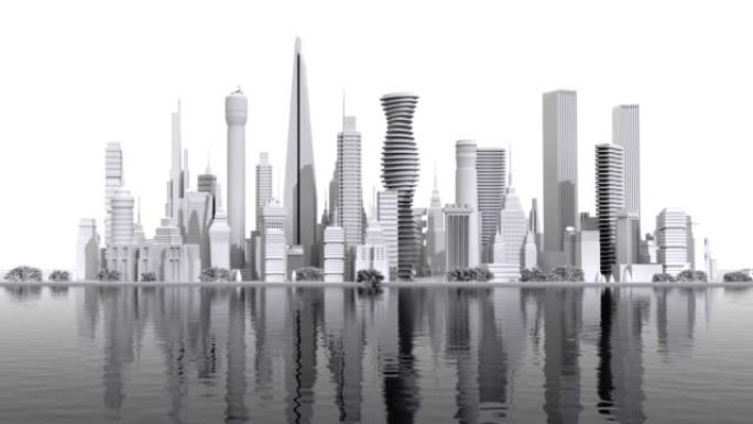 美丽的现代城市的全景，摩天大楼位于湖上。4K