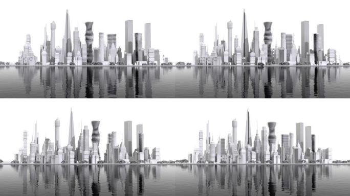 美丽的现代城市的全景，摩天大楼位于湖上。4K