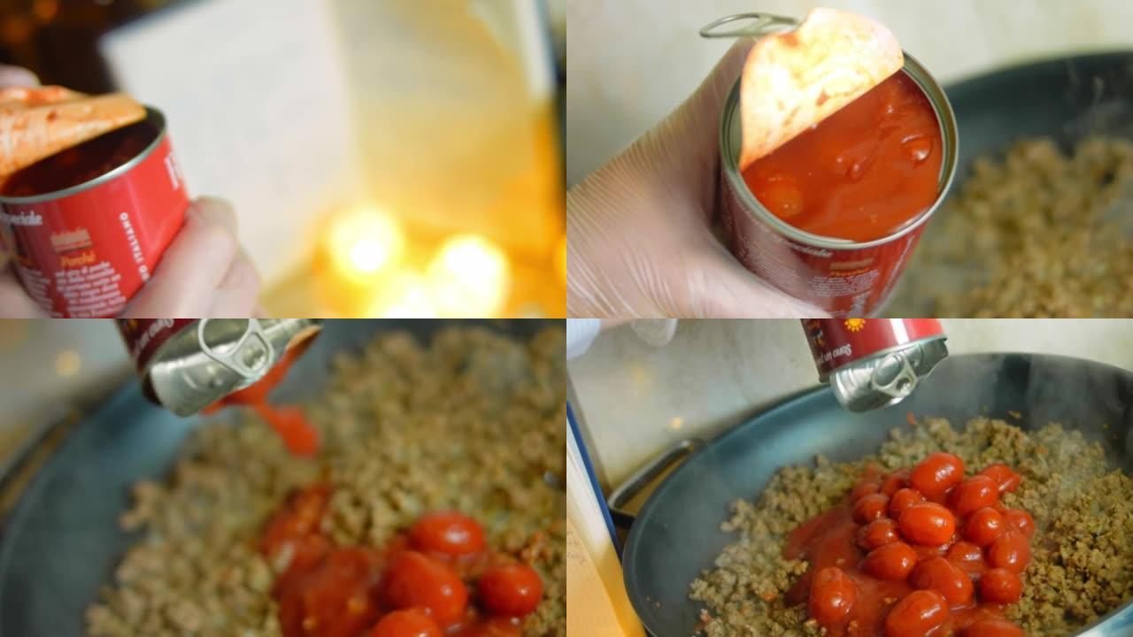 将少量罐装的西红柿倒在油炸的香肠配料上