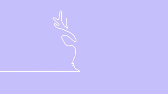 连续的白色一行在紫色背景上画有角的鹿头。自画动画。手绘鹿剪影图片，设计简单。2D，4k镜头。线艺术。