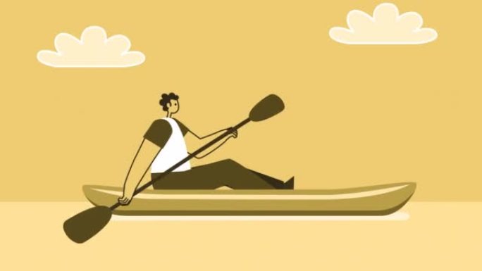 黄色风格的男人平角色在皮划艇中游泳。带有Alpha通道的孤立循环动画