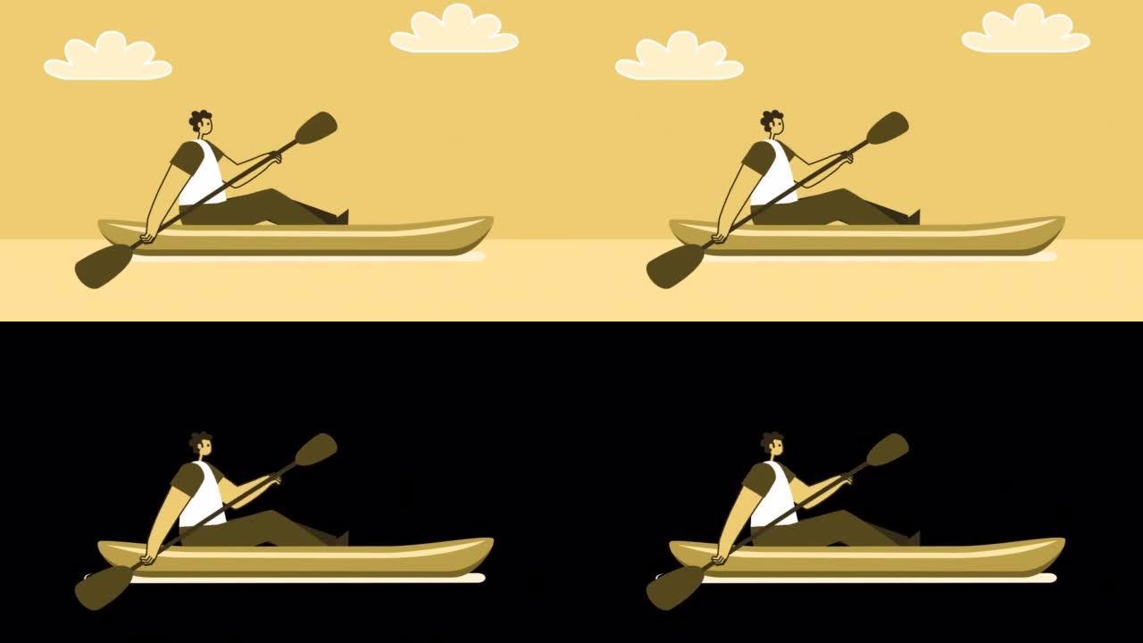 黄色风格的男人平角色在皮划艇中游泳。带有Alpha通道的孤立循环动画