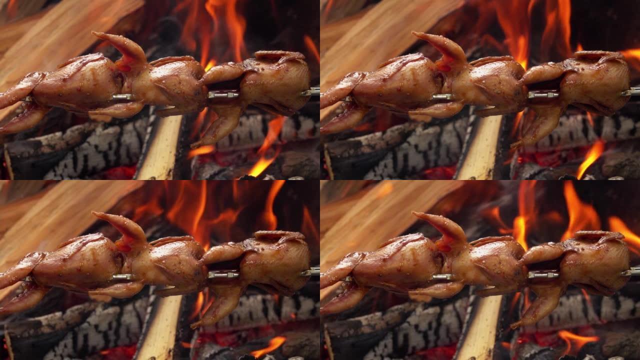 美味的鹌鹑在烤肉串上的特写在明火上烤着