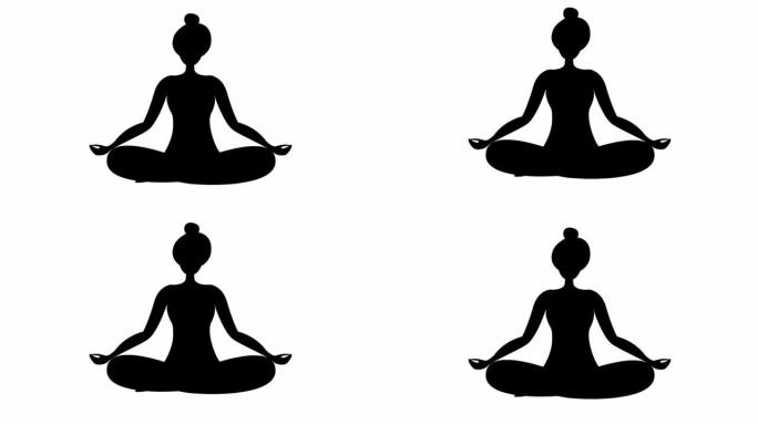 动画女孩正坐在莲花位置做瑜伽。黑色符号。女孩沉思。瑜伽的现代平面设计理念。女人在空中飞升。白色背景上