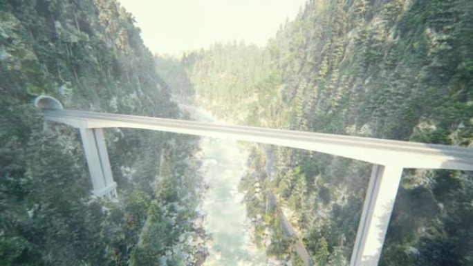一架摄像机在绿色山脉的峡谷上飞过一座桥。云层上的一座汽车桥。该动画非常适合旅行，旅游和建筑背景。