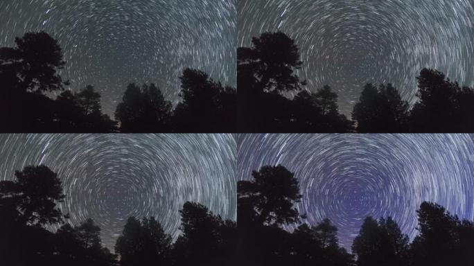 晚上，阿尔巴尼亚洛加拉国家公园森林中树木的轮廓上，在北极星周围的小径上移动的星星