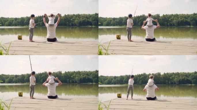 父亲两个小孩儿子抓鱼坐在木桥或码头上。家庭爸爸和孩子钓鱼一起度过休闲时间露营教钓鱼