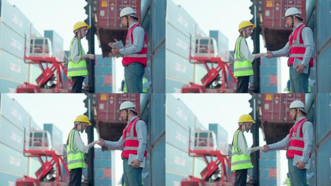 在海运货柜码头库，一群头戴安全帽、安全背心的工业工程师、安全督导员、工头行走。同事讨论物流管理。