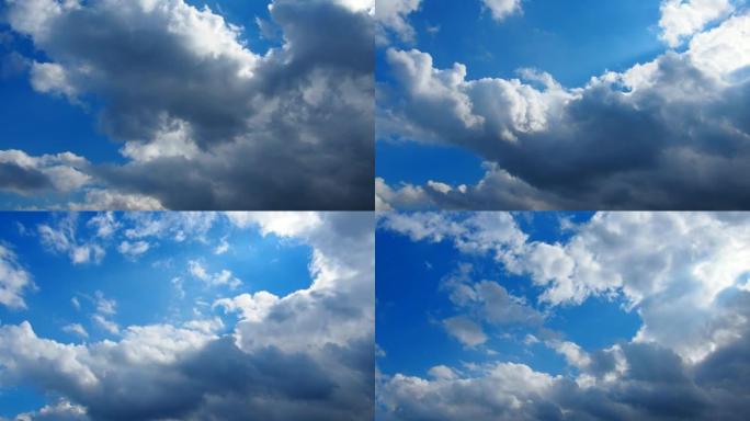 蓝天下快速移动的云。云量积云在风中越来越低。气象和天气预报。生态问题。气候变化。风暴风时间流逝。
