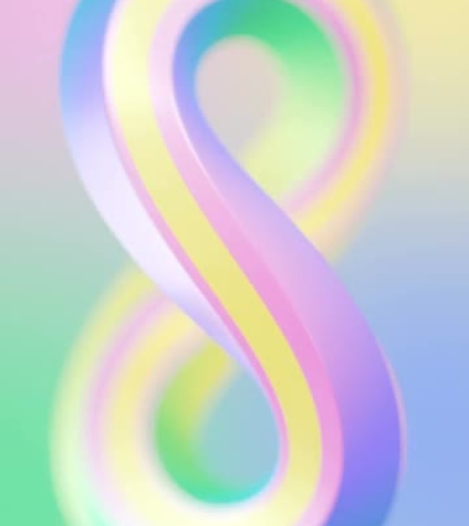 彩色莫比乌斯环的数字无缝循环动画，带有移动的霓虹灯条纹和景深效果。抽象几何背景。3d渲染高清