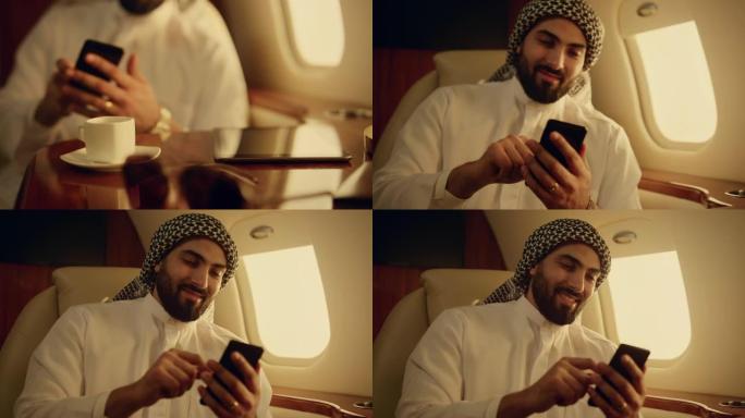 愉快的阿拉伯人在出差时刷智能手机。特写男子拿手机
