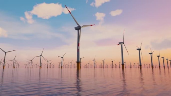 位于公海的巨型风力涡轮机农场，日落拍摄，使用风车进行能量更新的3d渲染概念