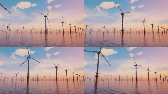 位于公海的巨型风力涡轮机农场，日落拍摄，使用风车进行能量更新的3d渲染概念