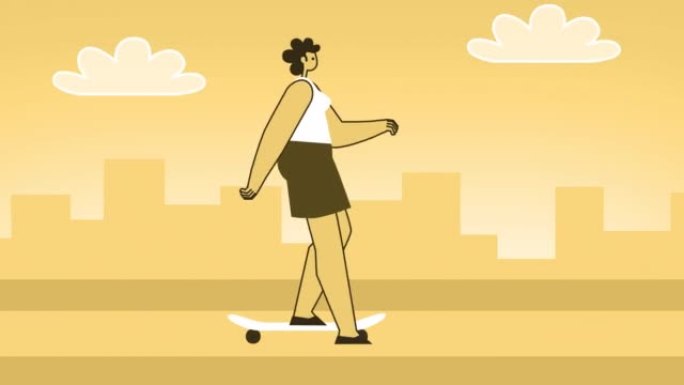黄色风格的女人平角色骑滑板。带有Alpha通道的孤立循环动画