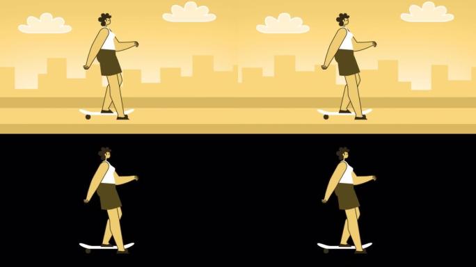 黄色风格的女人平角色骑滑板。带有Alpha通道的孤立循环动画