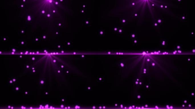 4k分辨率粒子反弹和铺开地板数字背景。弹跳和爆炸发光的紫色粒子。缓缓坠落落地，闪光灯背景