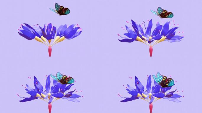 基因工程的蝴蝶飞过由基因修饰和基因组编辑产生的紫色花朵。