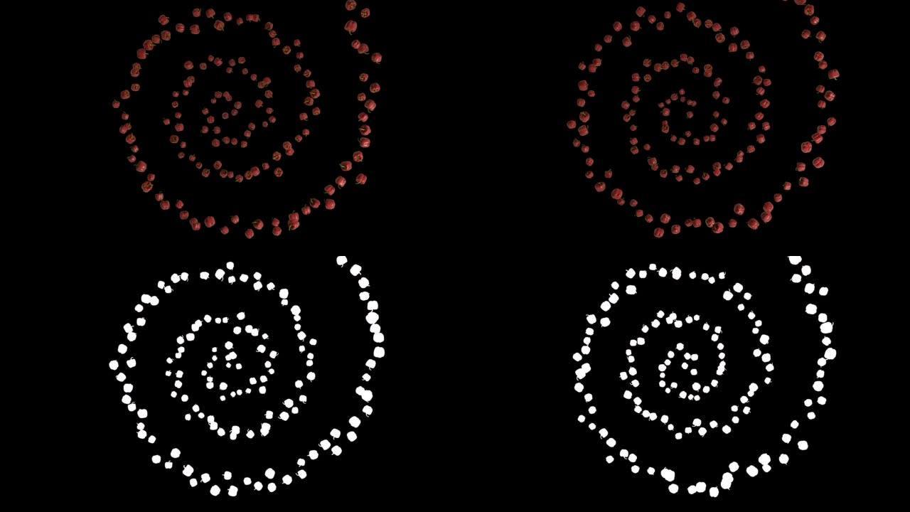 螺旋形状的甜椒飞行，上部视图，无缝循环，亮度哑光
