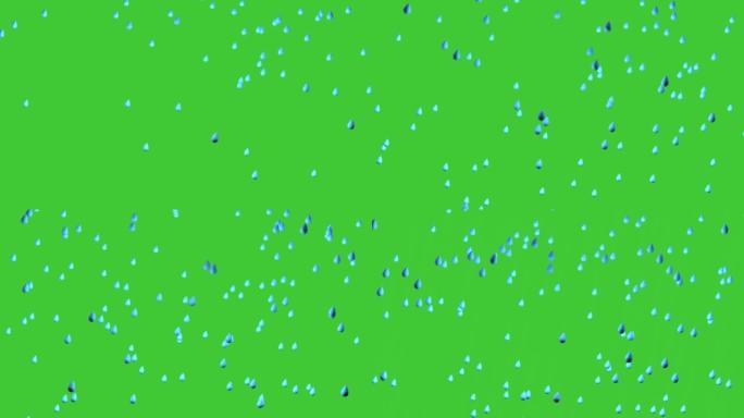 绿色屏幕上的卡通雨滴。3D动画，色度键