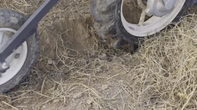 在农田地面上插入幼苗时，蔬菜插秧机的轮子。