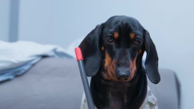 可爱的腊肠犬小狗的肖像，他专心地听着一个聪明的人，用钢笔或红色记号笔听写，特写，前视图。宠物正在写信