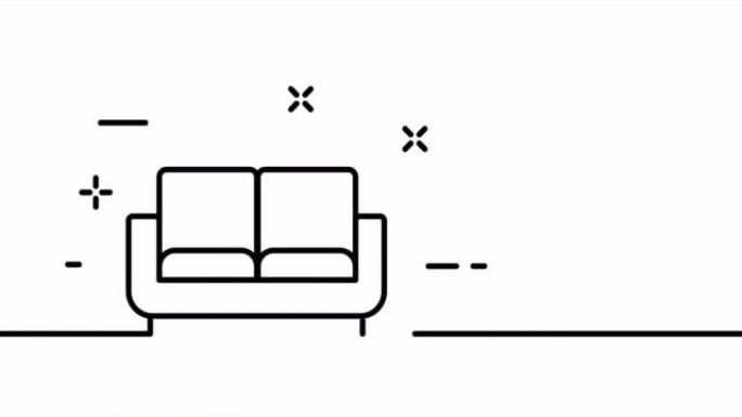沙发。沙发，柔软，休息，躺下，坐着，缓冲，舒适。家具概念。一个线条画动画。运动设计。动画技术标志。视