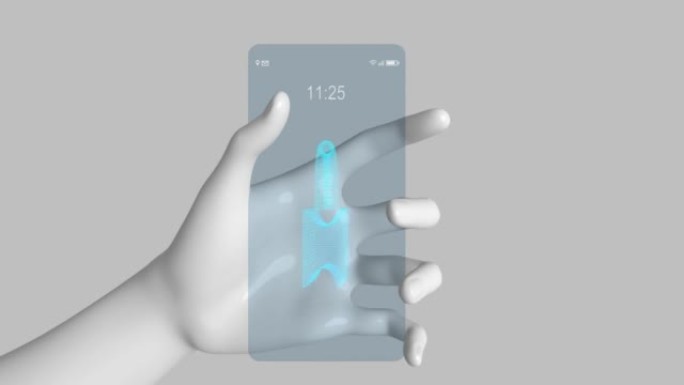 白色塑料机器人手拿着一个透明的智能手机，有一个锁定3d 4k动画的标志。网络安全和验证码的概念