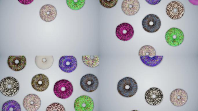 动画许多彩色美味甜甜圈在白色抽象背景上移动