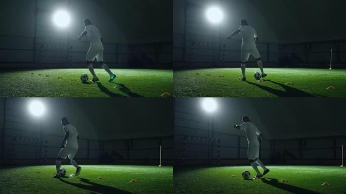 足球运动员在室内足球场上跑过人造草，训练未来冠军