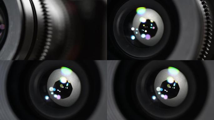 带光圈叶片的相机镜头特写。光学镜片眼镜上的光斑