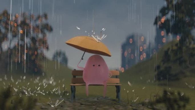 角色在雨季坐在公园的长凳上无缝循环3D动画