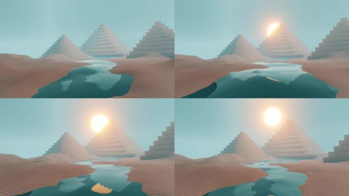 抽象的多边形沙丘和金字塔景观，天空与日落。3d渲染插图。设计的背景图案。
