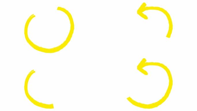 圆圈箭头的动画图标。黄色符号。循环视频。手绘矢量插图孤立在白色背景上。