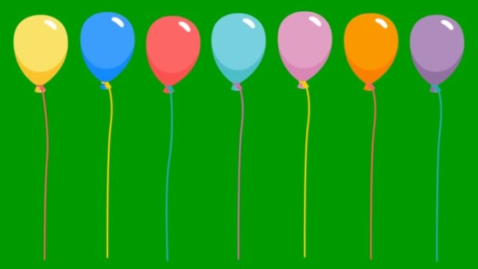 一组动画彩色气球飞。明亮的平面矢量插图孤立在绿色背景上。
