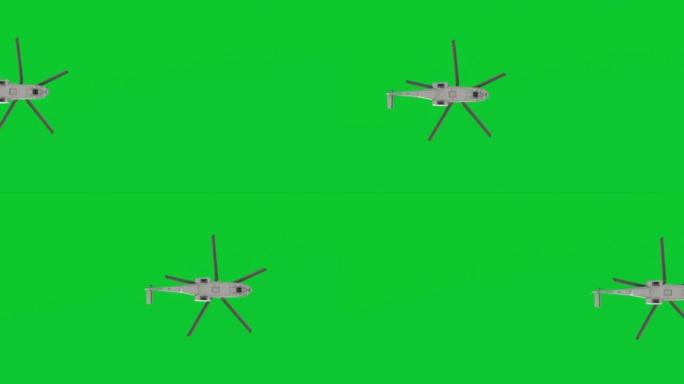 军用直升机飞行，绿屏上孤立的底视图，4k视频元素