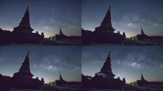 银河系在Doi Inthanon国家公园的一座神圣寺庙上空移动