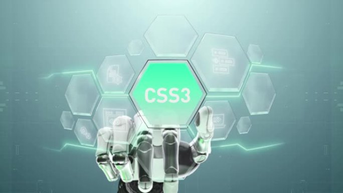 CSS3机器人手触摸，触摸未来，界面技术，用户体验的未来，旅程和技术概念，数字屏幕界面