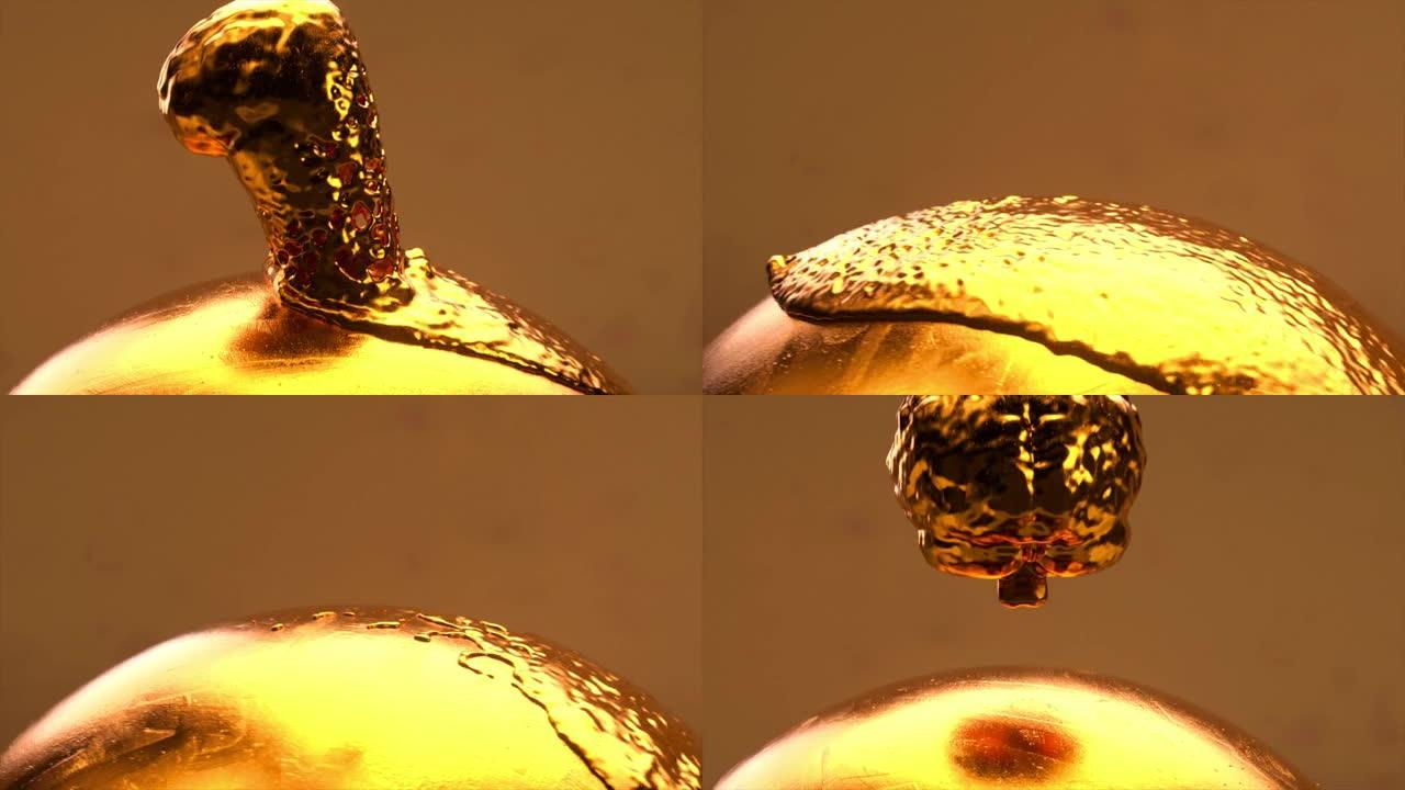 抽象概念。黄金大脑融化并散布在黄金球体上。无缝循环的3d动画
