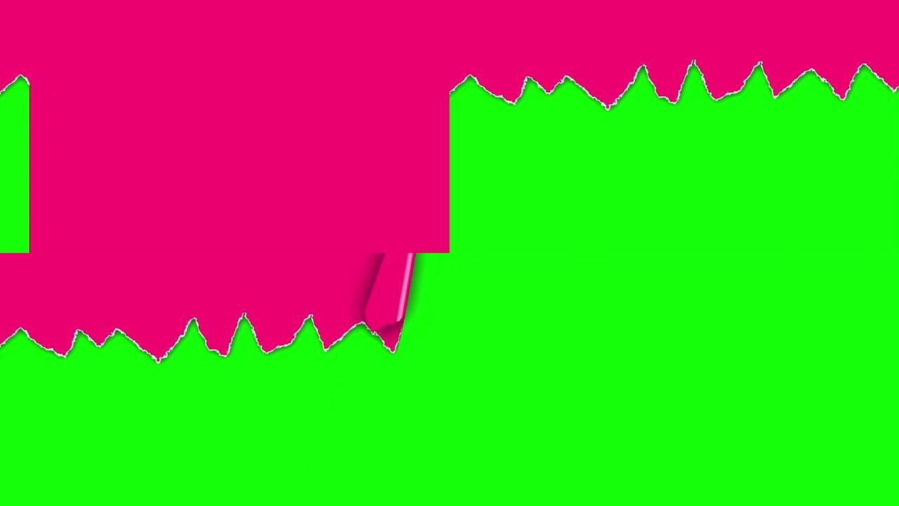 撕裂纸动画。4k循环撕裂纸动画。粉红色的纸在绿色背景上撕成横条纹